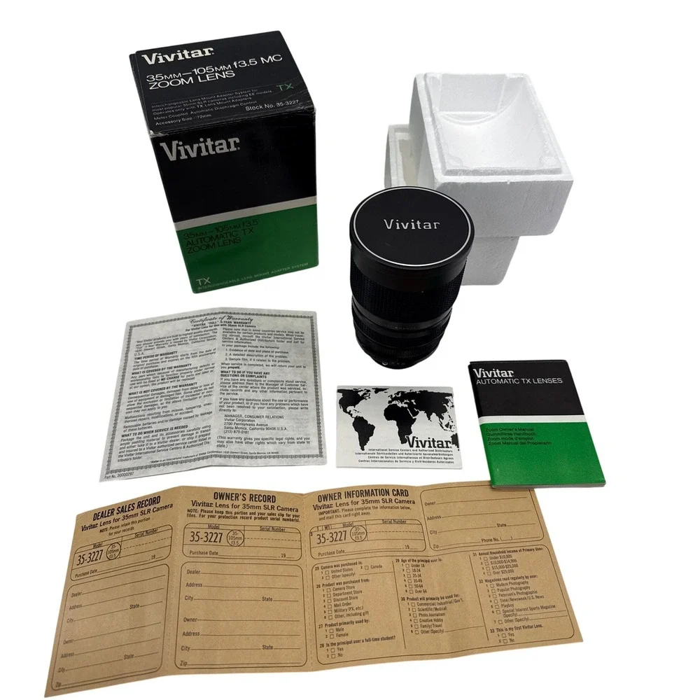Vivitar 35-105mm f3.5 MC Zoom Lens TX Mount 35-3227 Vintage SLR Lens Box Manual